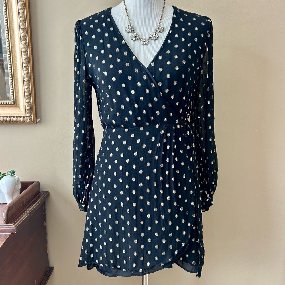 Cleobella Black Gold Polka Dot Mini Wrap Dress Size Small